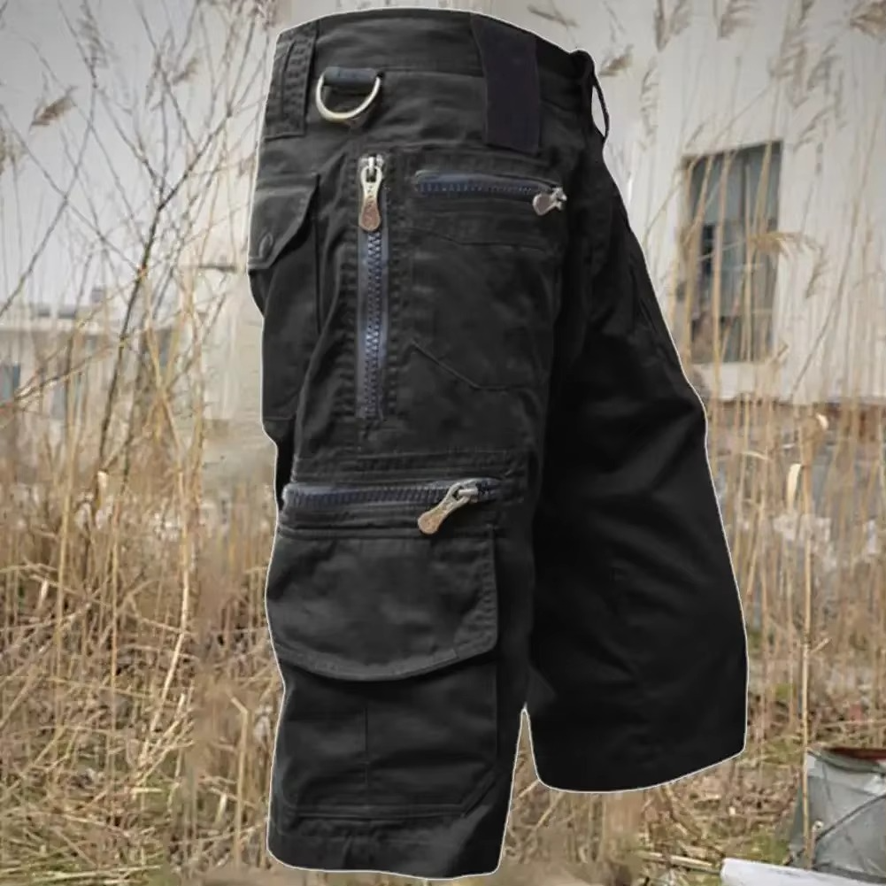 Men's olive tactical cargo shorts straight fit military style with multi-pocket zipper utility design