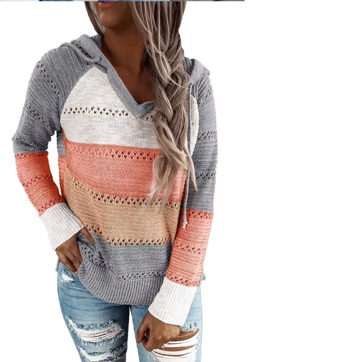 Women's multicolor patchwork hooded sweater relaxed cozy knit pullover with striking color-block panels