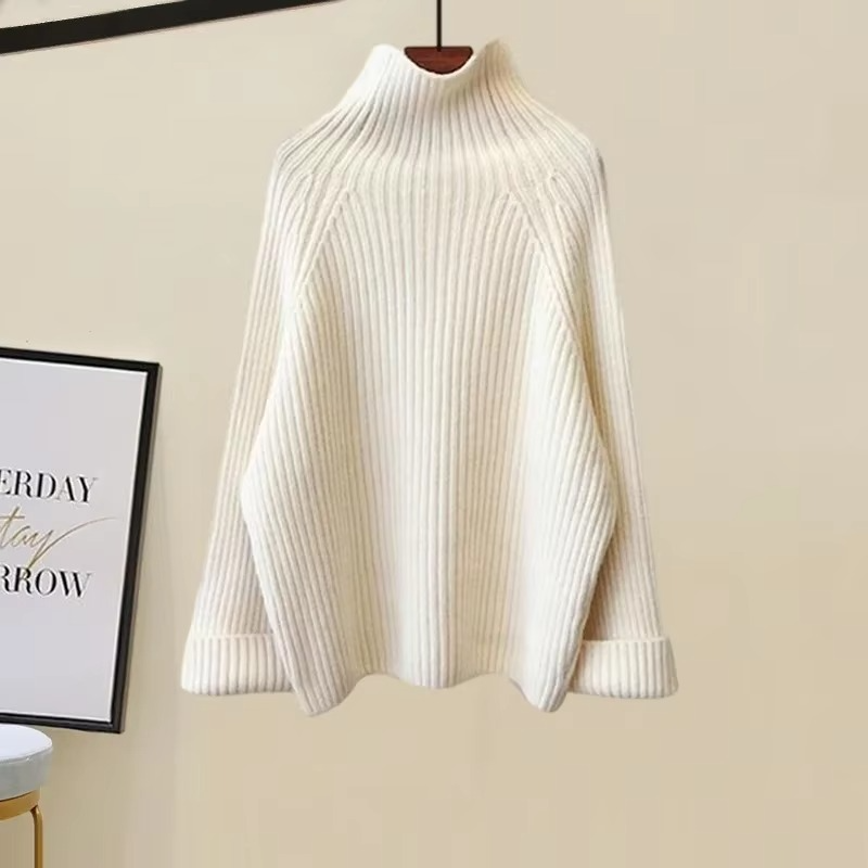 Women's beige cozy knit 3-piece set with high-collar sweater and wide-leg pants