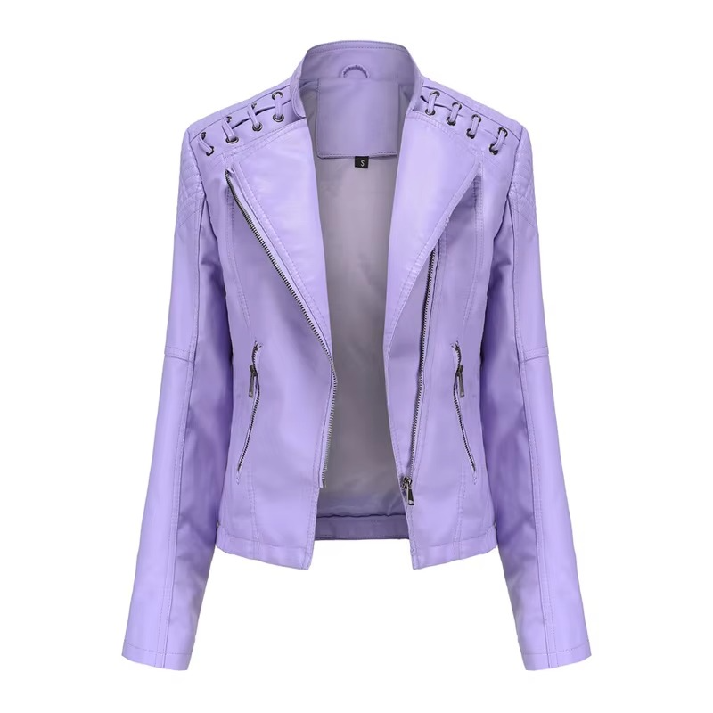 Women's black PU leather motorcycle jacket slim fit short zip-up with bold biker-inspired design