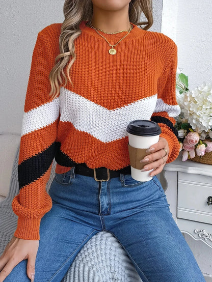 Women's cashmere turtleneck sweater cozy fit bold chevron color-block pattern fashion-forward winter style