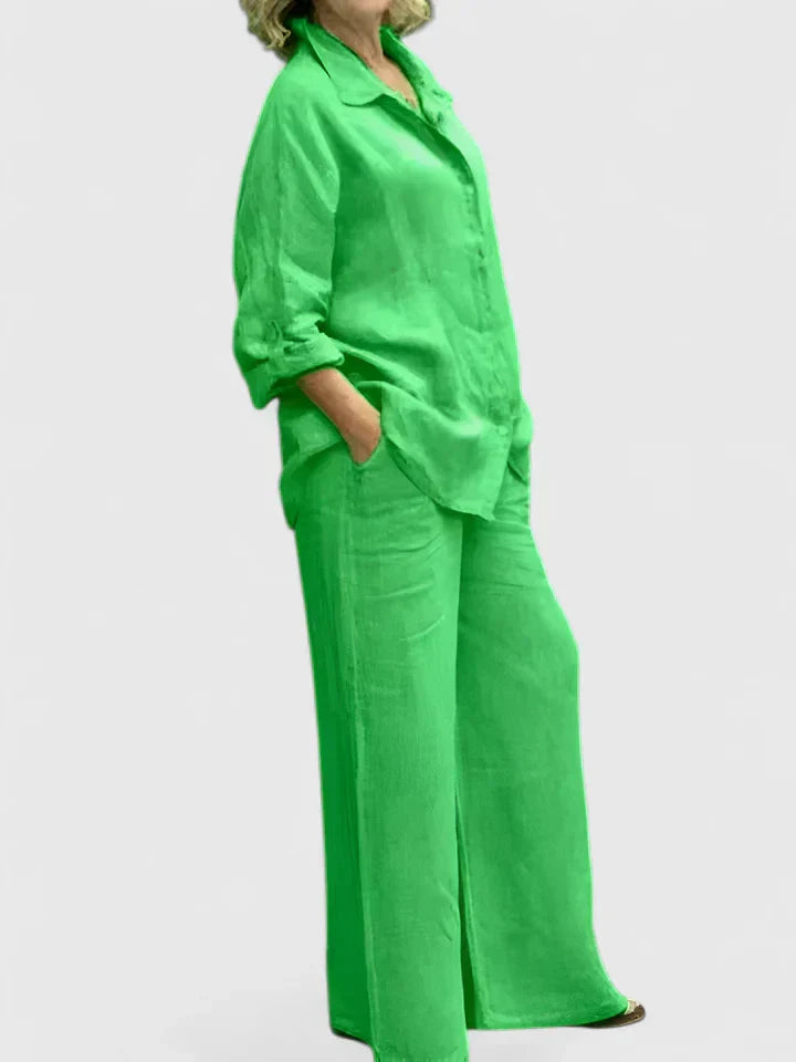 Soft pink linen two-piece set oversized button-down shirt wide-leg pants relaxed minimalist style