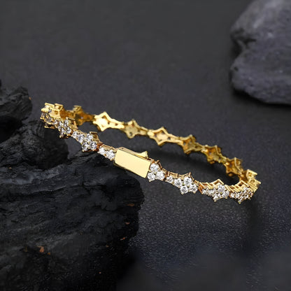 Silver cable chain bracelet with diamond-shaped rhinestone flower petals in geometric prong setting