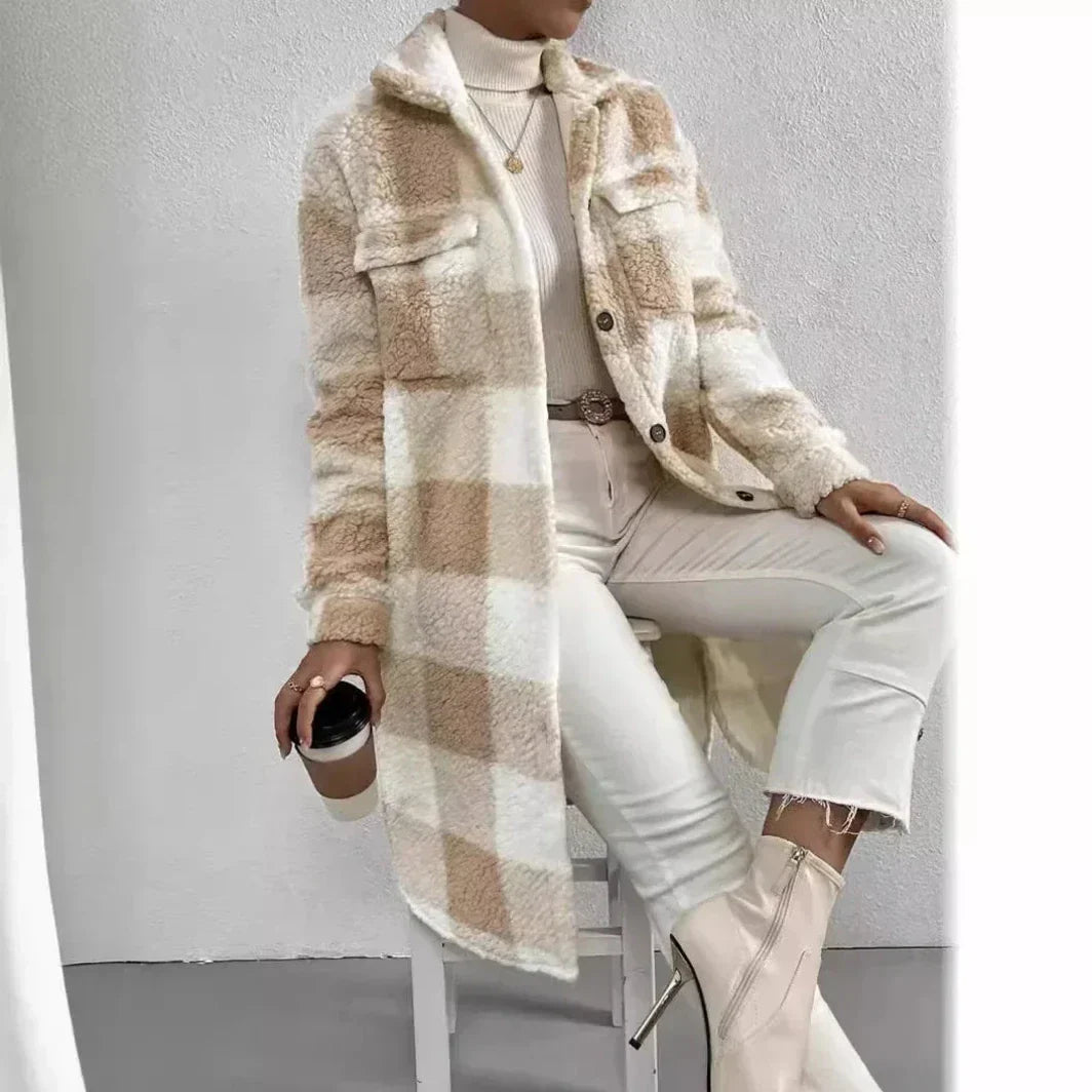 Longline plaid trench coat with faux fur trim, open lapel, relaxed loose fit in classic check pattern
