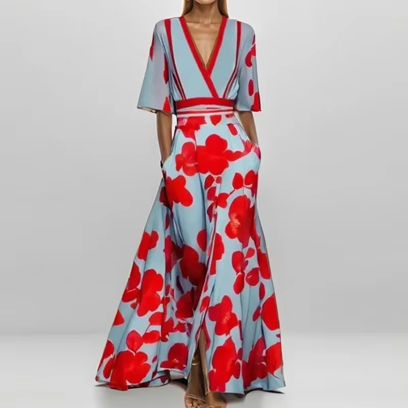 Women's ankle-length floral printed pleated dress with elegant V-neckline and flowing silhouette