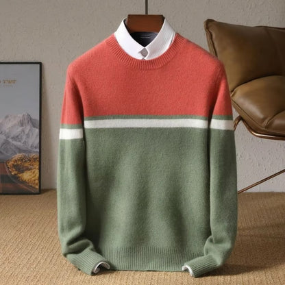 Men's merino wool sweater with contrast panel color-block design, breathable warmth for casual style