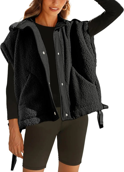 Wavlynn Michelle unisex sherpa fleece layering jacket with snap button closure, cozy faux fleece coat