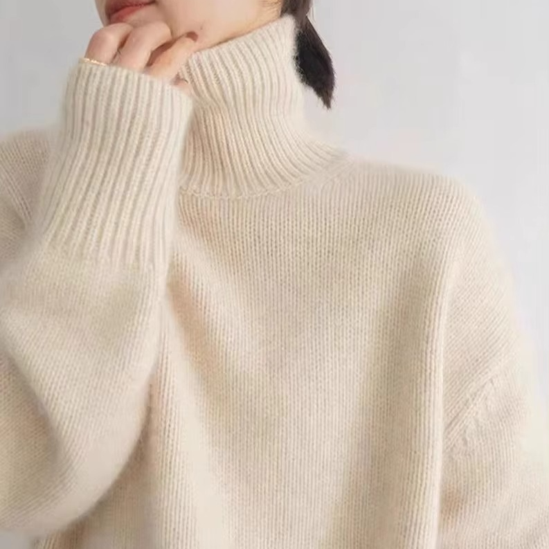 Women's ivory cashmere blend thick knit high-neck pullover sweater with cozy insulating texture