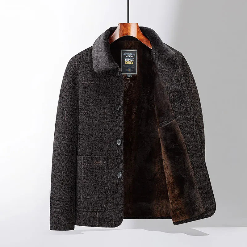 Men's black twill fur-lined jacket with faux fur collar, sports coat-inspired clean-cut silhouette
