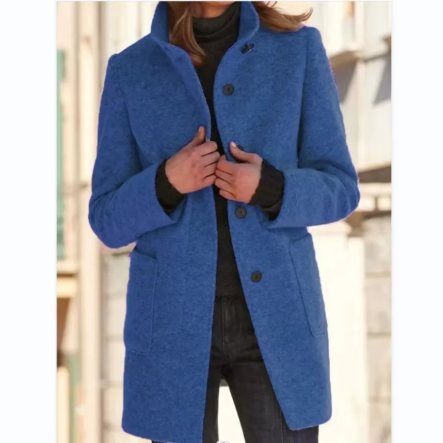 Women's casual cotton coat stand collar long sleeves side pockets spring lightweight outerwear