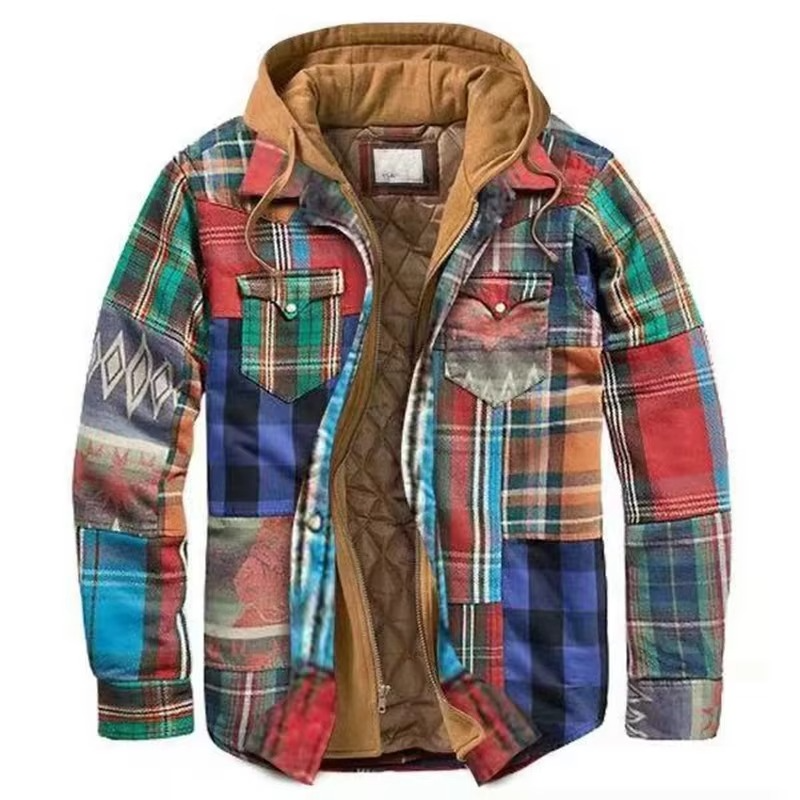 Men's patchwork checkered cotton hooded jacket in multicolor block pattern with drawstring hood