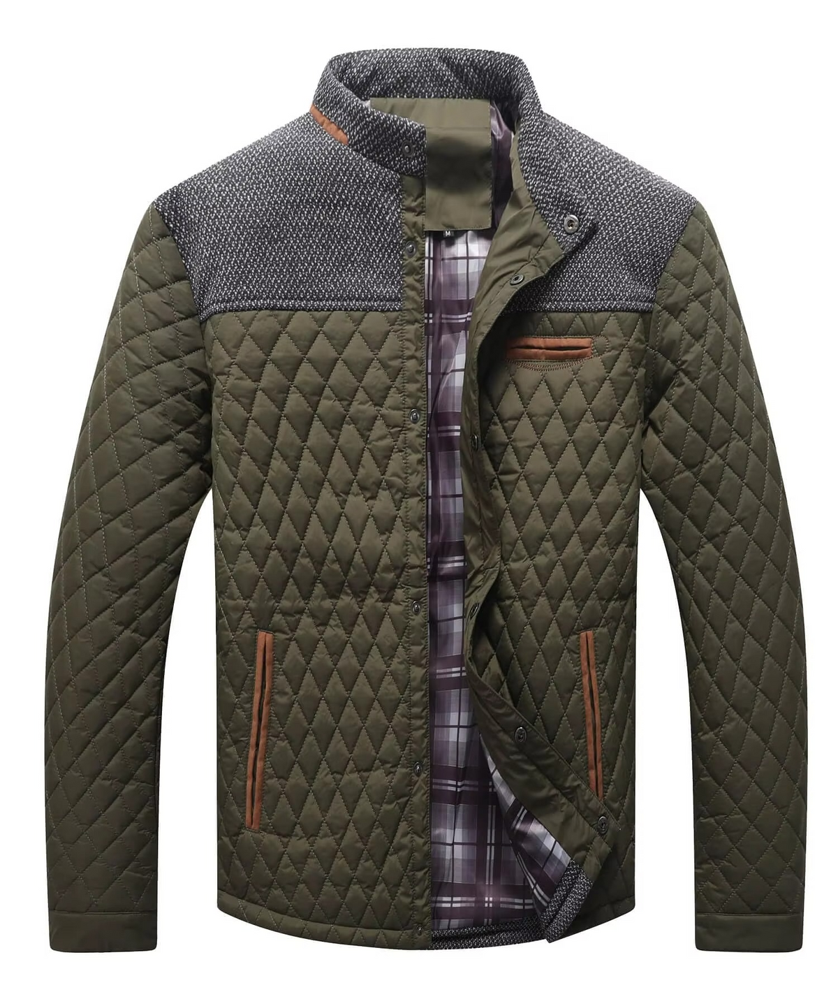 Men's lightweight bomber jacket navy diamond quilted overshirt with contrast grey yoke pockets