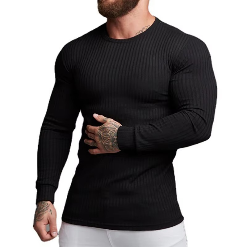 Men's gray quick-dry knit long sleeve fitness shirt with moisture-wicking athletic slim fit