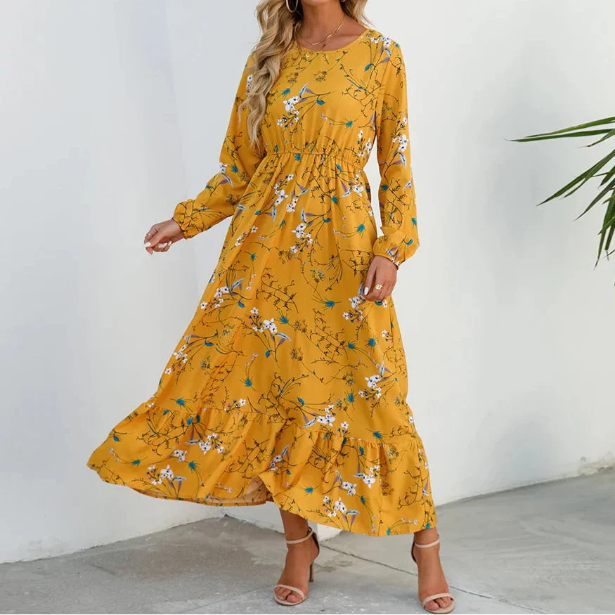 Floral maxi dress elegant flowing silhouette soft tones flattering fit subtle sophisticated style