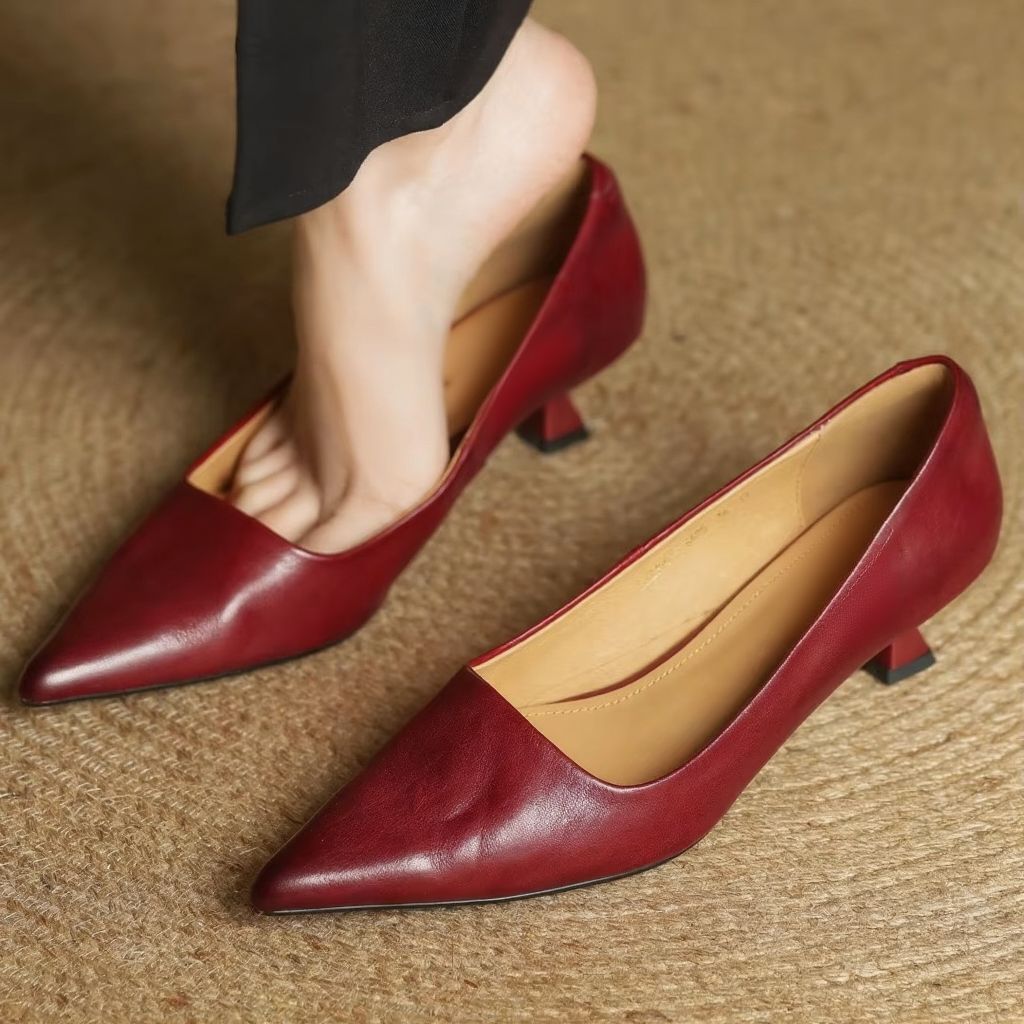 Women's genuine cow leather pointed toe slip-on pumps in classic elegant style with 1.8-inch thin heel