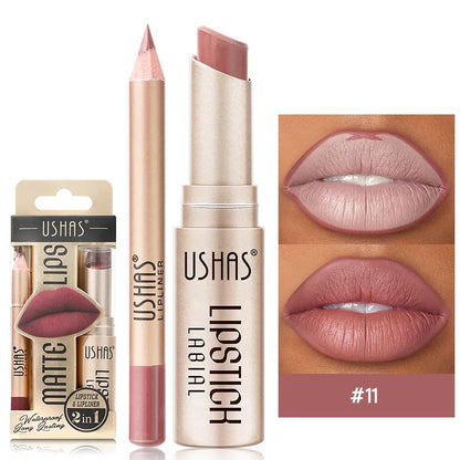 Dual-purpose matte lip liner and lipstick combo with precise sculpting tip for flawless color