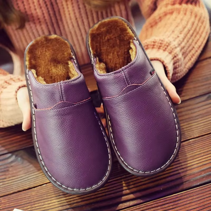 Unisex waterproof leather plush winter slippers warm cozy indoor house shoes brown slip-on