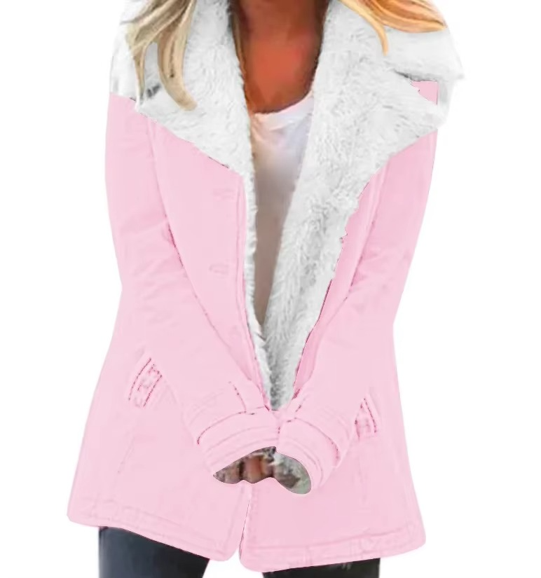 Women's plush lapel coat in cozy warm tones, tailored fit with sophisticated lapel collar