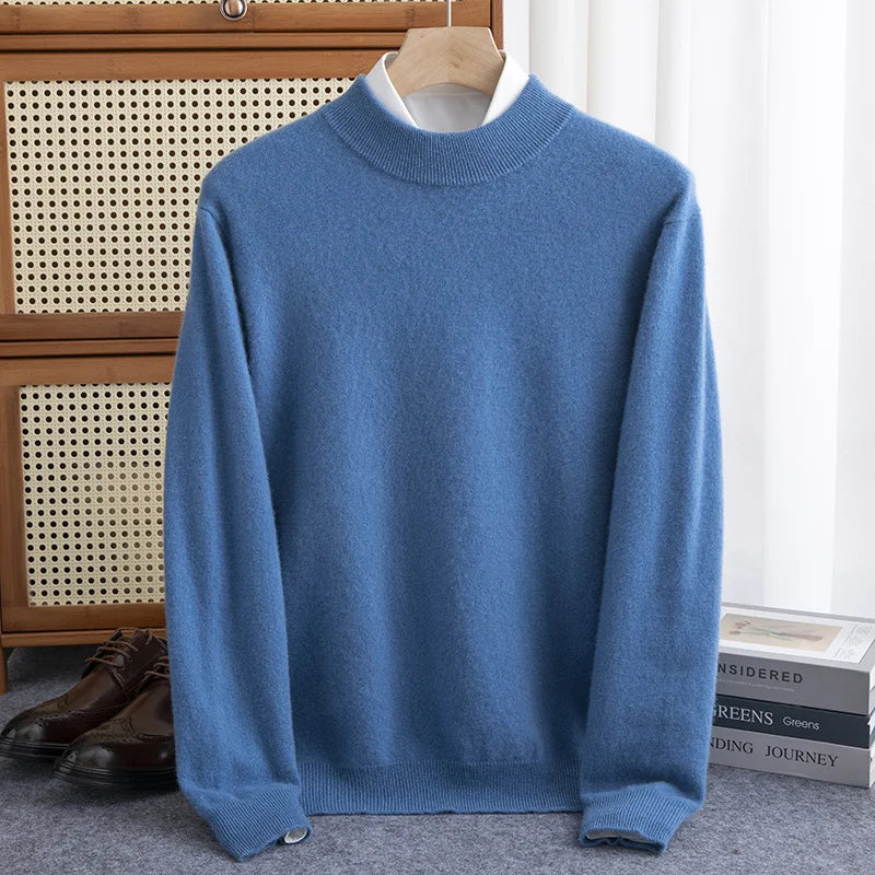 Men's wool pullover sweatshirt loose fit half high neck ribbed cuffs hem casual style