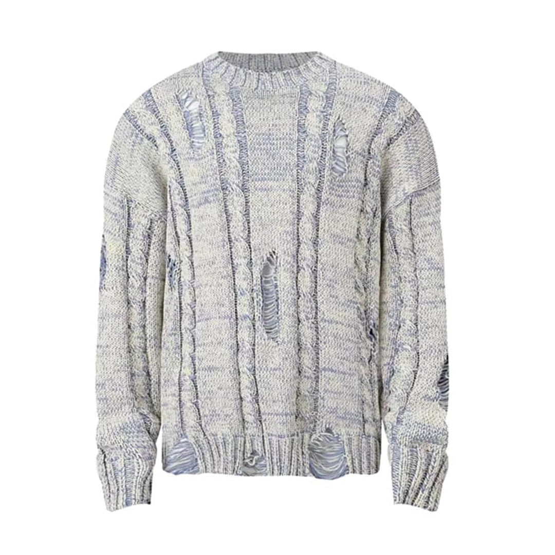 Cream distressed cable knit sweater relaxed O-neck textured finish for effortless fall style