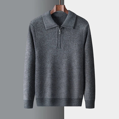 Men's wool quarter-zip pullover with ribbed collar and cuffs, smart-casual knit sweater