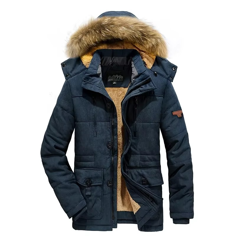 Men's dark winter parka jacket with thick fleece lining, rugged hooded cut for hikers and commuters
