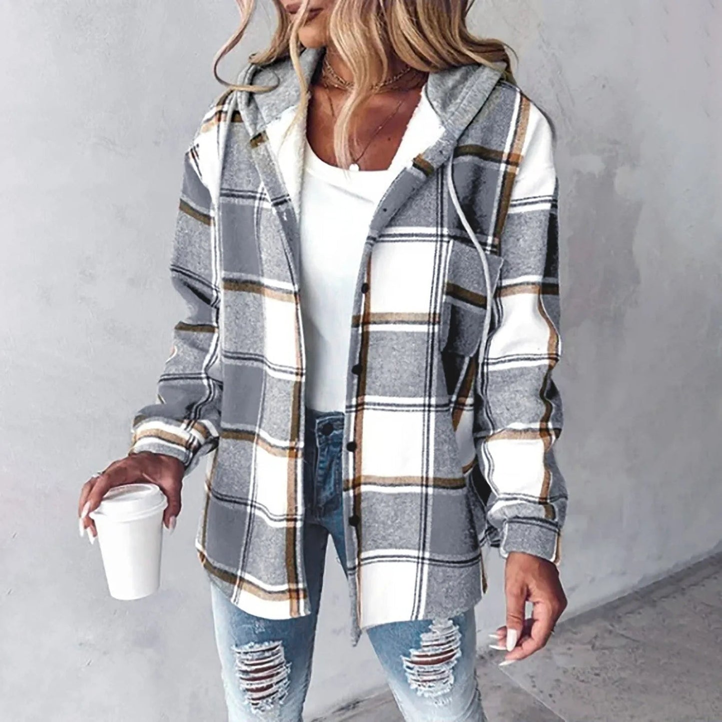 Women's checkered lined cardigan draped fit cozy fall style in warm tones