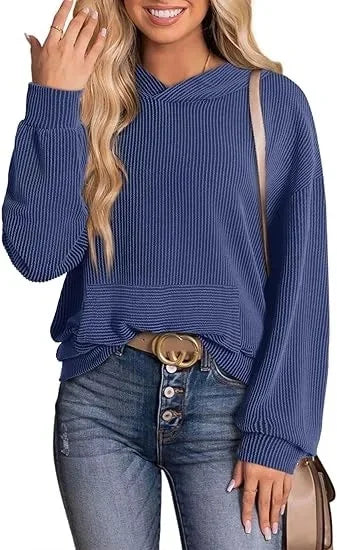 Women's light gray relaxed-fit casual hoodie with round neck and long sleeves for spring