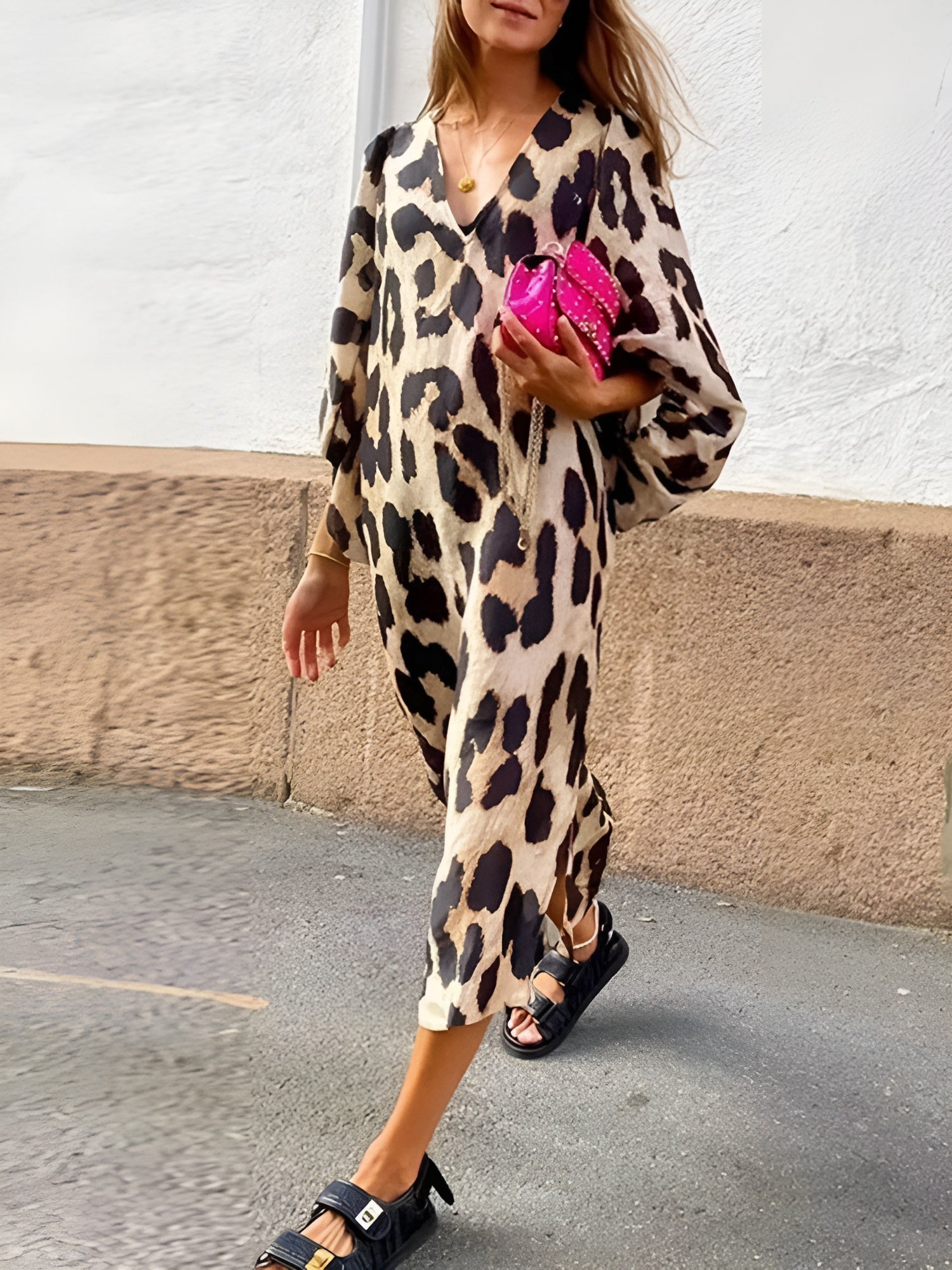Women's leopard print draped dress with tummy control, flattering silhouette and feminine midi cut