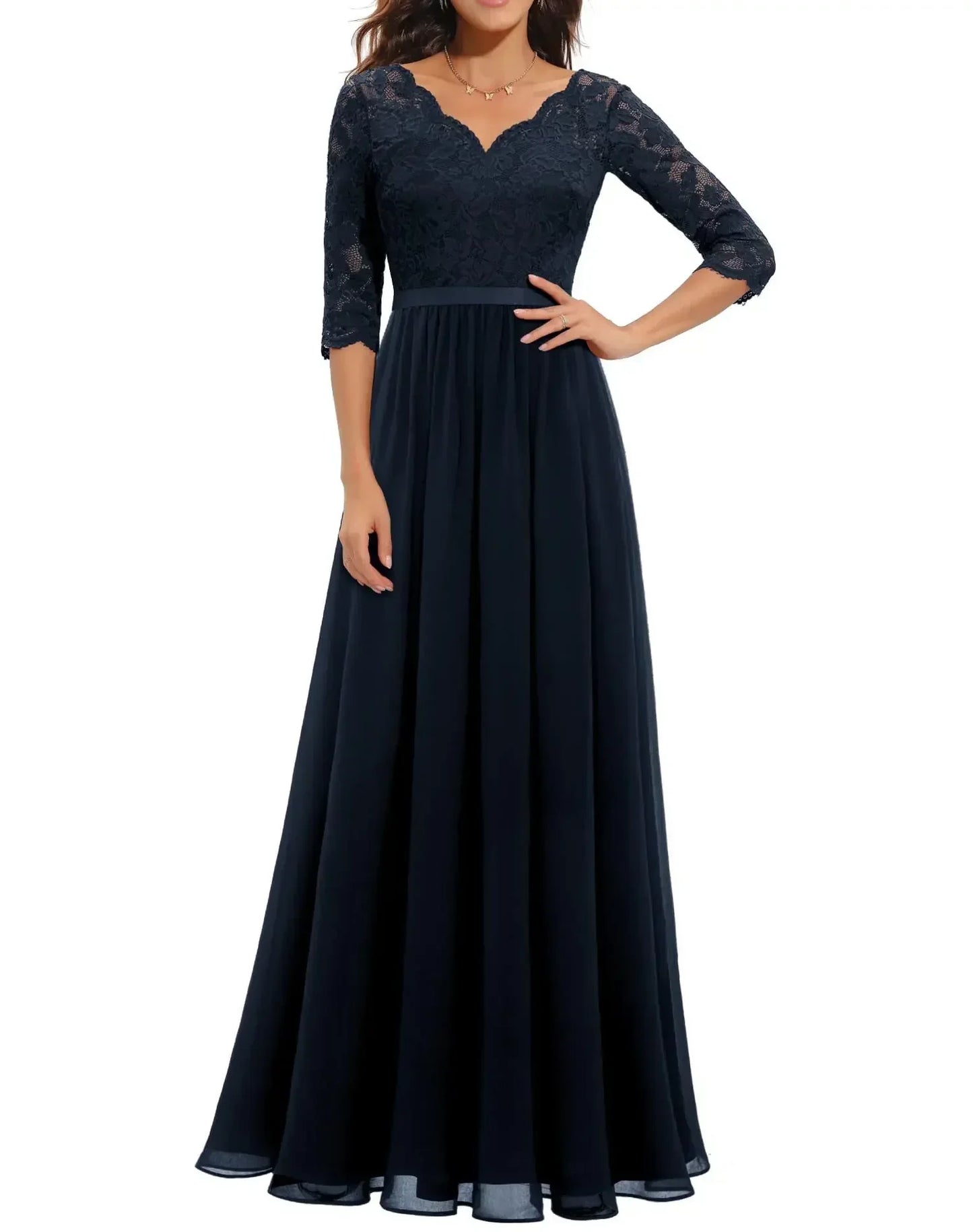 Women's elegant long lace dress with flattering lace bodice, flowing silhouette for formal occasions