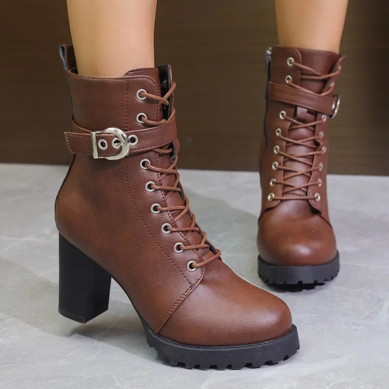 Women's black ankle boots with lace-up detail and side zipper, trendy silhouette for daily wear