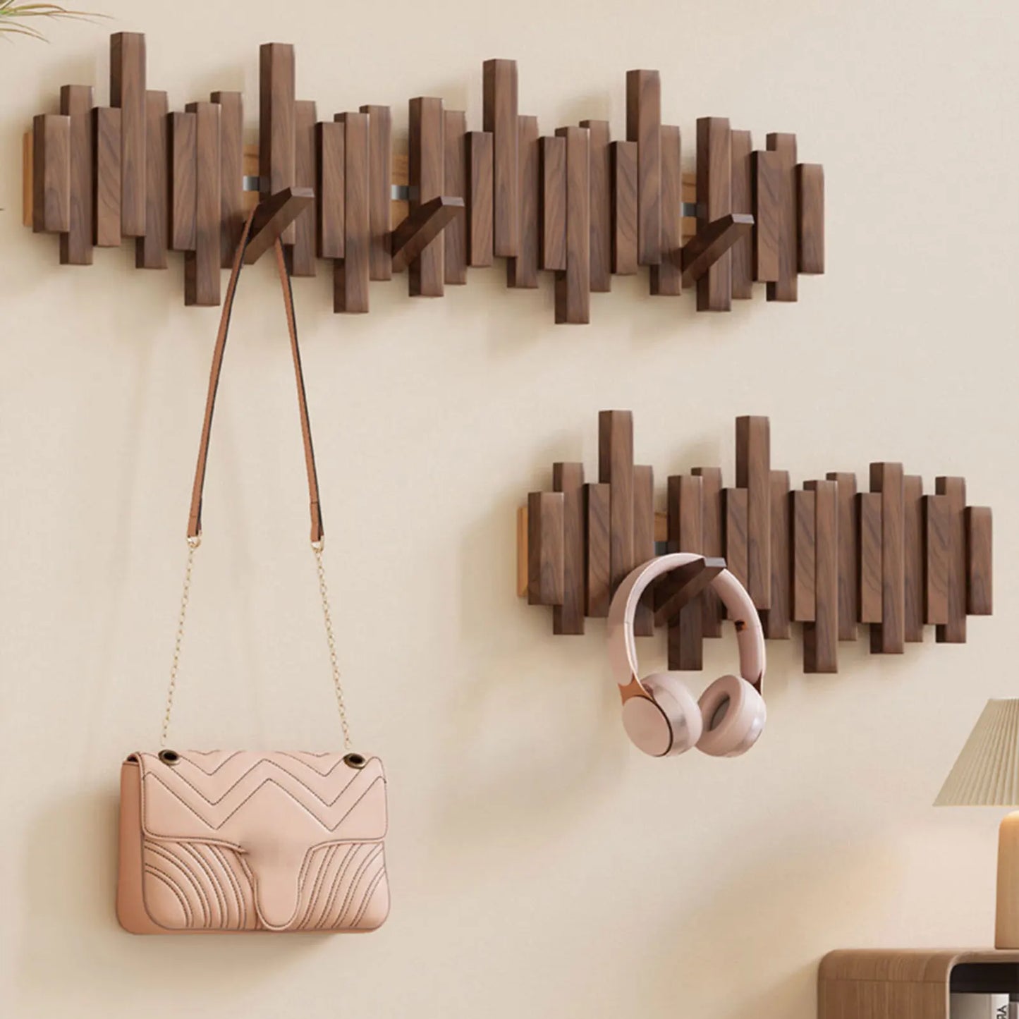 Kynna natural wood wall coat rack with foldable hooks, sleek minimalist design for modern home decor