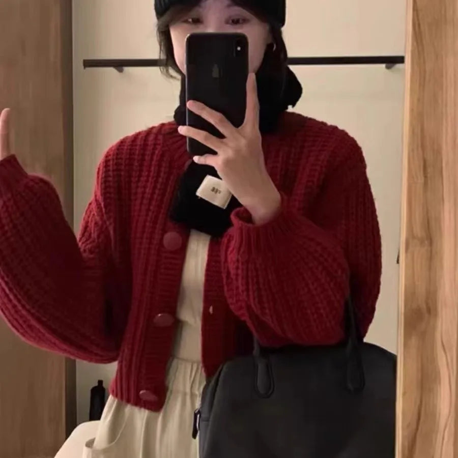 Women's cropped wool knit cardigan loose fit balloon sleeves button front cozy everyday layer
