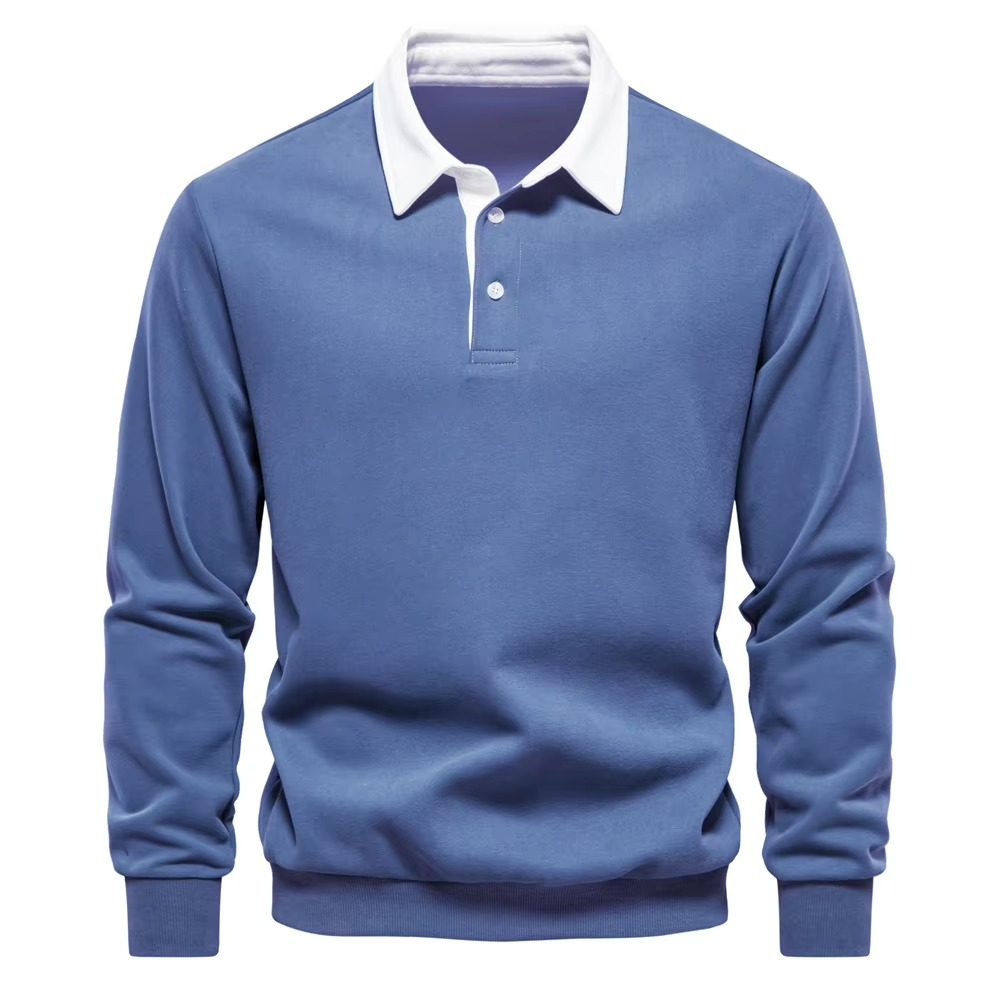 Men's autumn navy polo neck cotton sweatshirt with classic collar, soft versatile casual fit