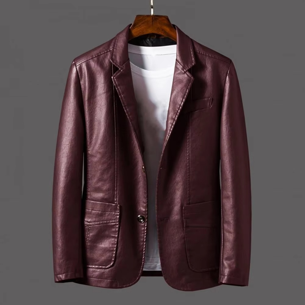 Men's vintage brown PU leather motorcycle jacket with classic biker cut and button pocket detail