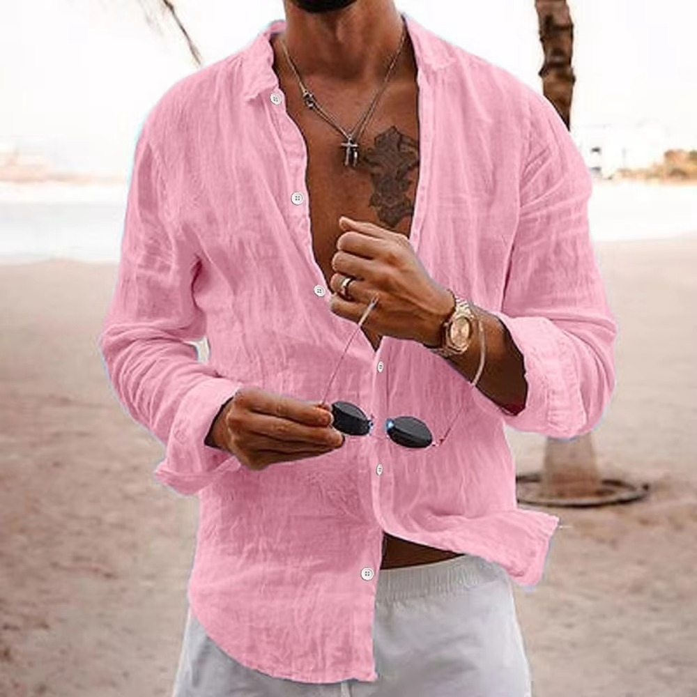 Men's beige cotton linen casual shirt loose fit breathable lightweight everyday vacation wear