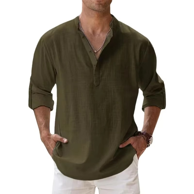 Men's beige cotton-linen Henley shirt long sleeve casual fit three-button placket beach summer