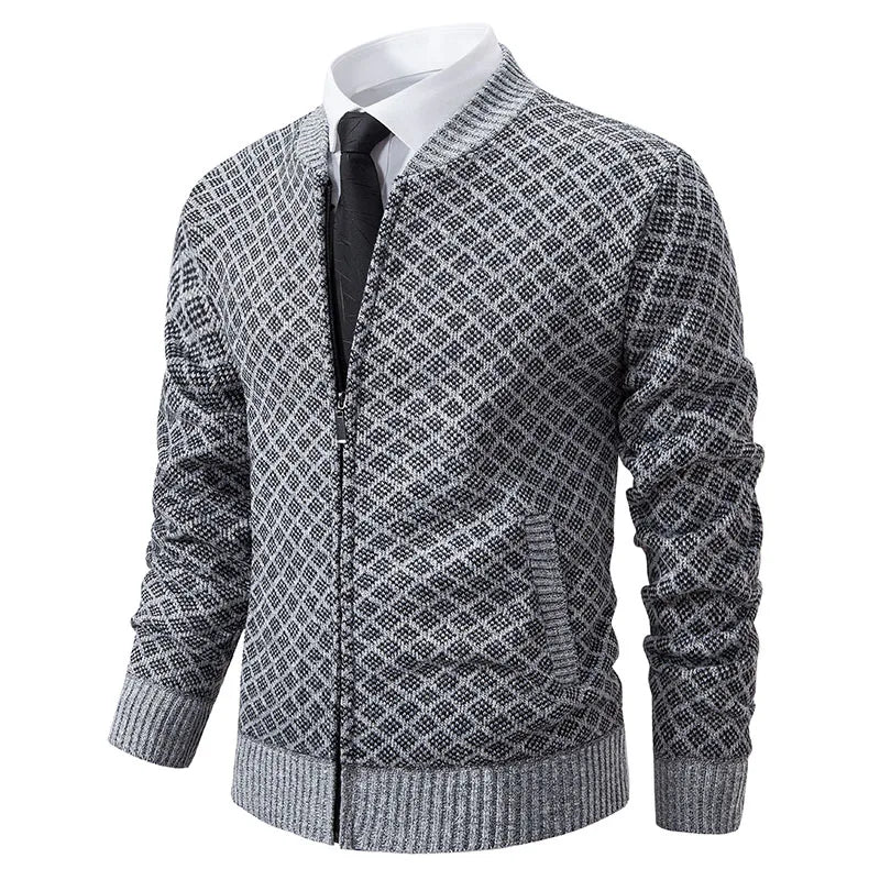 Men's navy tailored-fit full-zip cardigan jacket with premium textured knit and polished professional finish