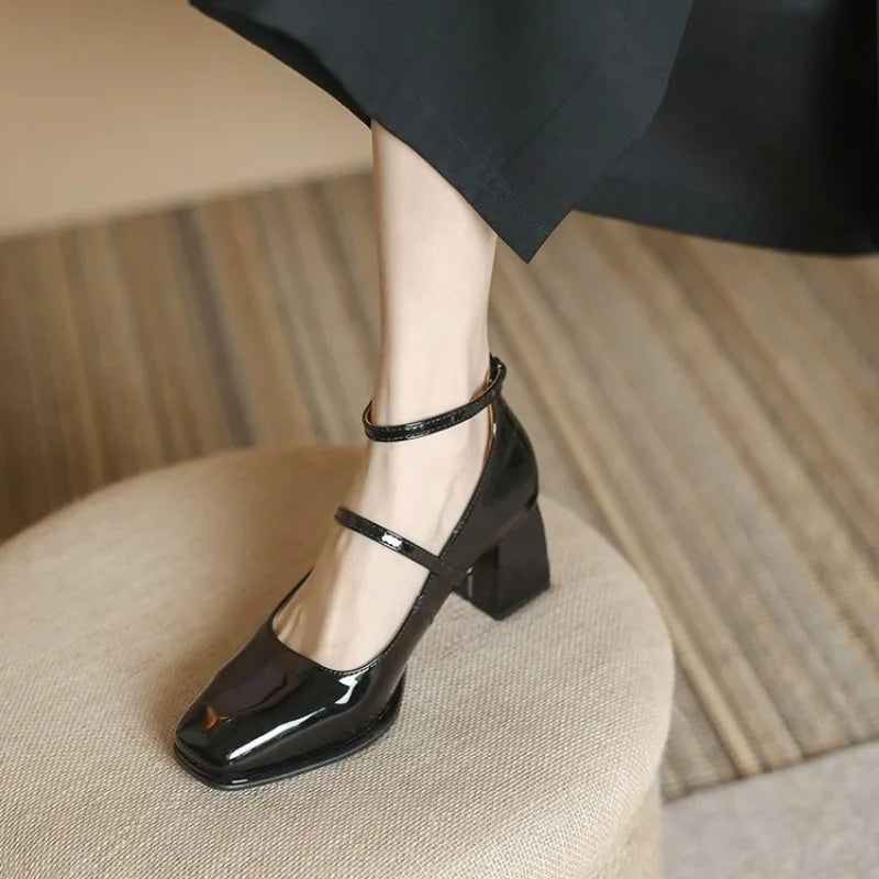 Women's patent block heel pumps square toe Mary Jane ankle strap mid-height elegant