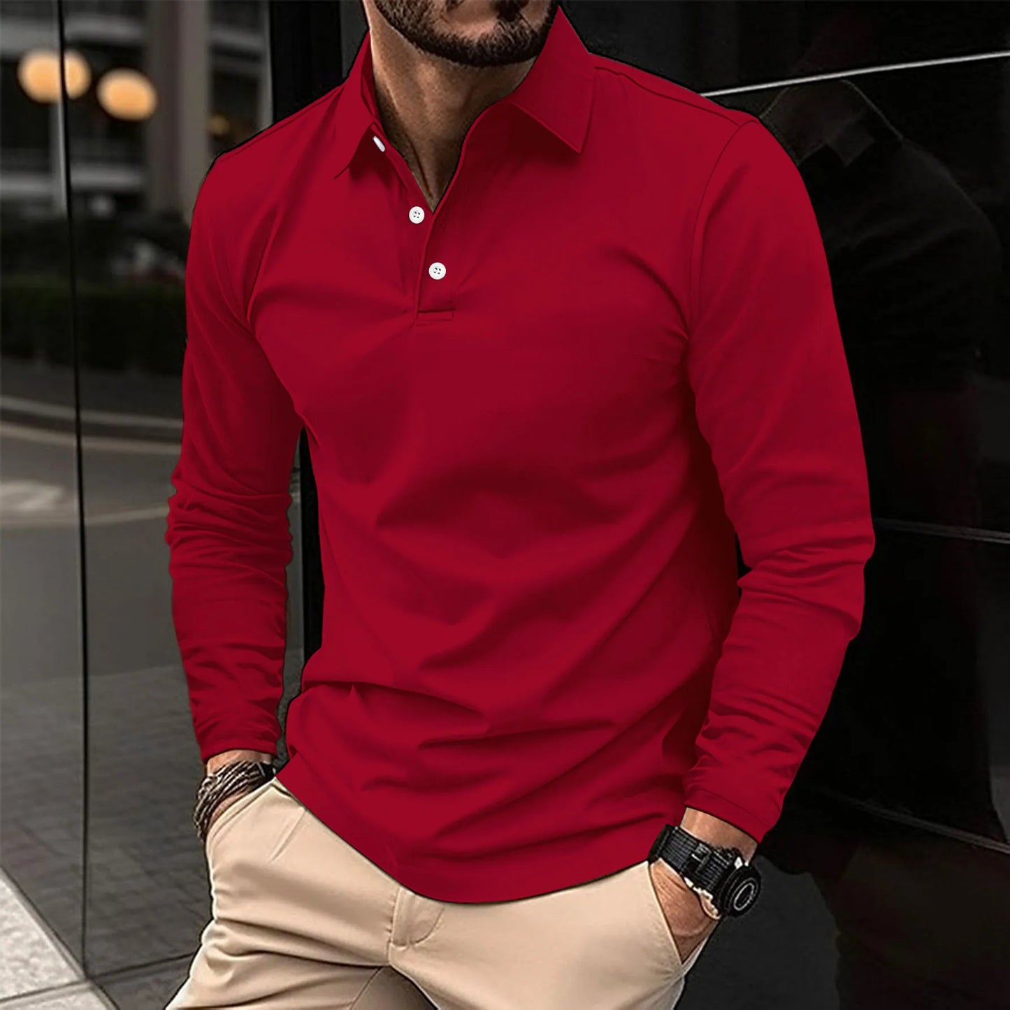 Men's navy slim fit long sleeve polo shirt breathable cotton casual semi-formal versatile top