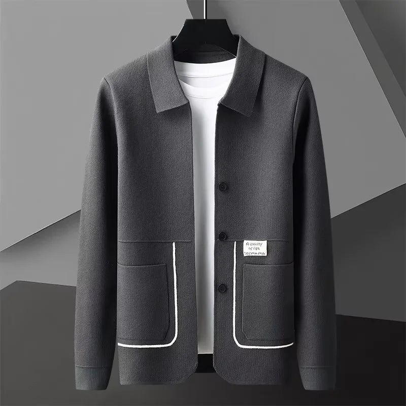 Men's gray knitted cardigan tailored fit with structured shoulders and chest emphasis layering essential