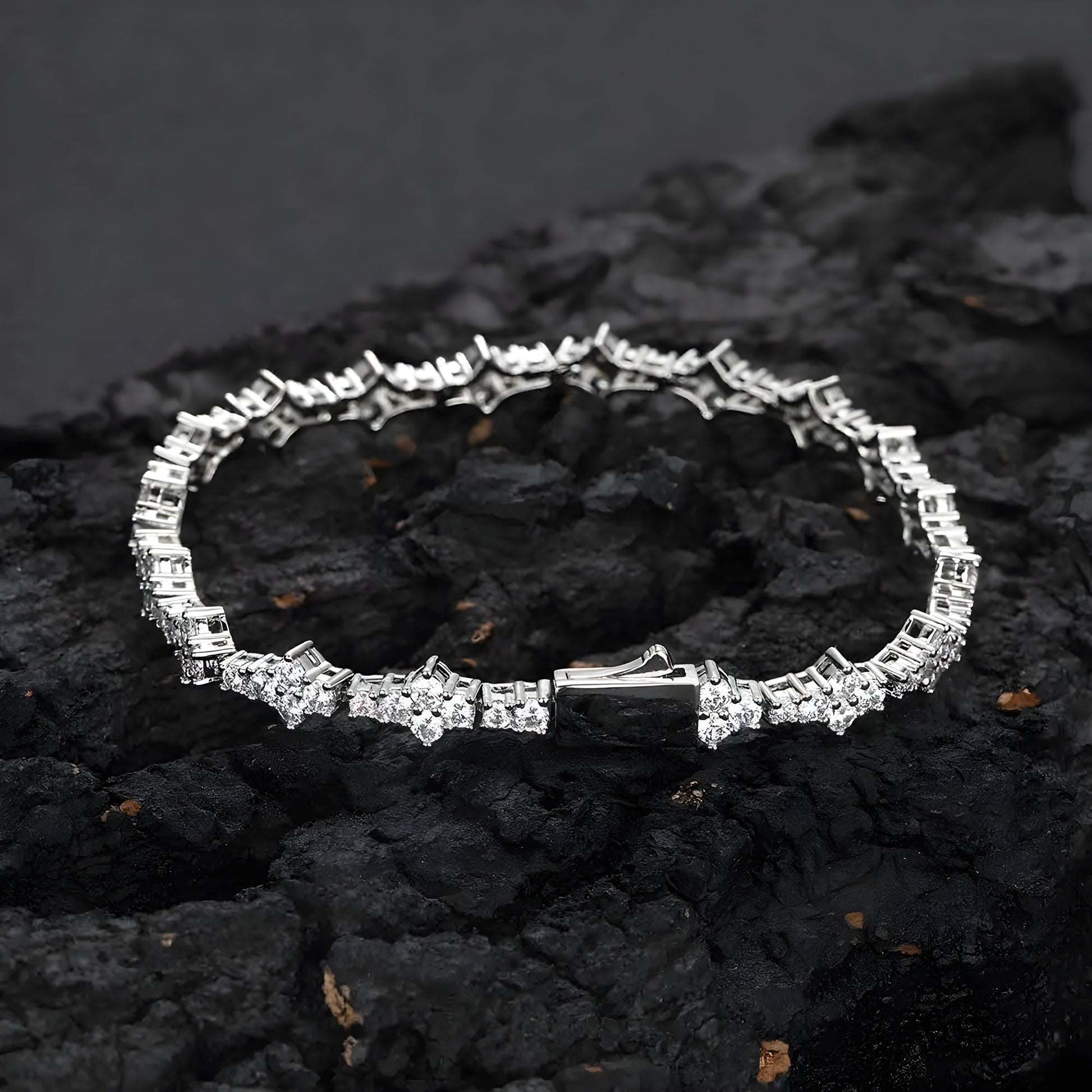Silver cable chain bracelet with diamond-shaped rhinestone flower petals and geometric copper links