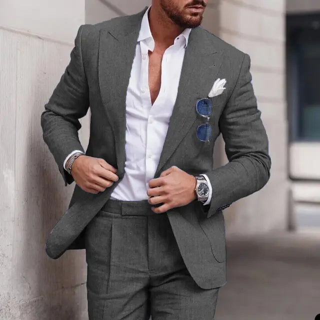 Men's slim fit beige linen suit set single breasted lightweight breathable Nordic Flair elegant