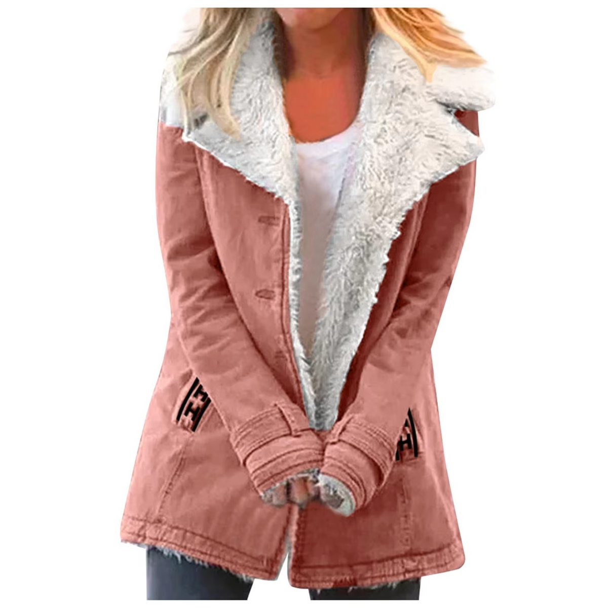 Women's plus size fleece jacket with button front, faux shearling collar, pockets, cozy everyday style