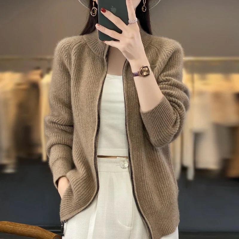 Charlotte Prestige pure wool zip-up sweater with padded shoulders, sleek zipper, timeless versatile style