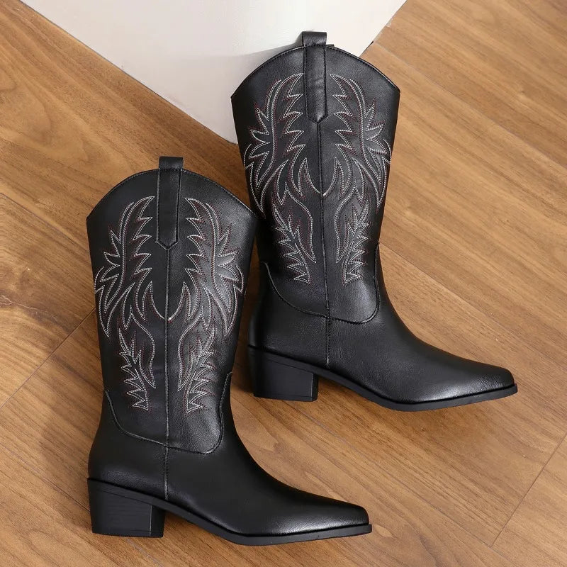 Mid-calf comfort cowboy boots with Western stitching, classic silhouette, and advanced cushioning support