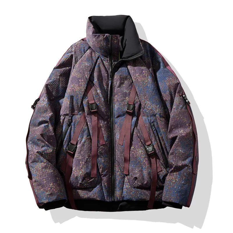 Oversized urban camo puffer jacket with pixel print, adjustable straps, high collar, ribbed edges