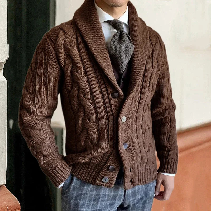Brock London men's wool cardigan tailored fit rich soft knit full button closure refined layer