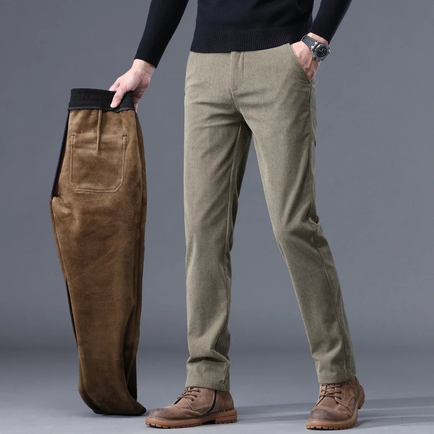 Men's fleece-lined winter pants in neutral tones, slim-fit outdoor cold weather trousers with thermal lining
