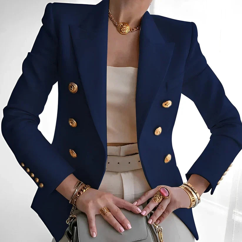 Women's classic double-breasted blazer tailored fit structured shoulders gold-tone buttons polished style